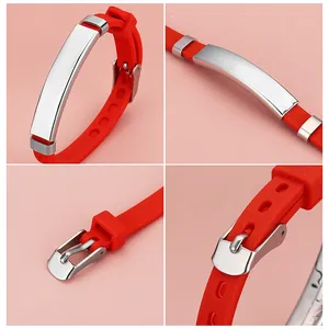 Adjustable red silicone identification bracelet for children with a blank silver metal plate