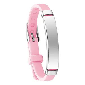 Customizable pink silicone children's ID bracelet with silver metal plate