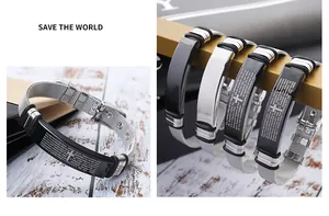 Adjustable stainless steel mesh bracelet featuring engraved cross and religious prayer