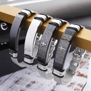 Adjustable stainless steel couple bracelets with engraved Lord's Prayer and cross