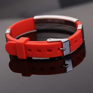 Adjustable red silicone bracelet with an engravable polished stainless steel plate