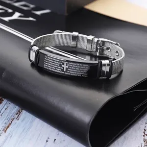 Stainless steel mesh bracelet featuring engraved cross and religious Lord's Prayer text