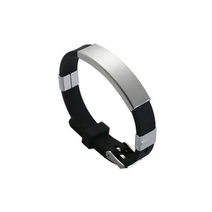 Minimalist black silicone bracelet with brushed stainless steel plate for custom engraving