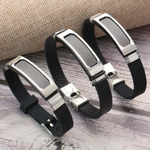 Trendy stainless steel silicone bracelet with smooth engravable metal plate for daily wear.