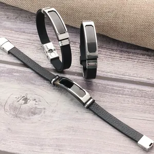 Men stainless steel silicone and leather bracelet set fashion trendy wristband jewelry item