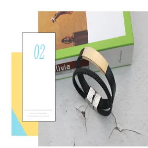 Premium men's black braided leather bracelet with engravable gold stainless steel plate