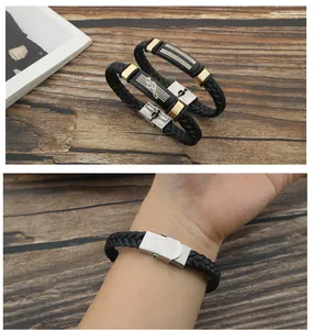 Detail view of retro hand-woven leather bracelet with stainless steel music note clasp
