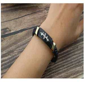 Close-up detail of a handmade woven leather couple bracelet with a heartbeat pattern design