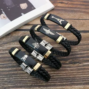 Set of four vintage braided leather bracelets featuring engraved stainless steel charms