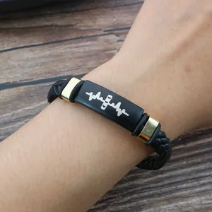 Vintage handmade braided leather couple bracelet with titanium steel heartbeat plate.