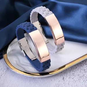 Men's minimalist silicone and stainless steel ID bracelet featuring a rose gold plate
