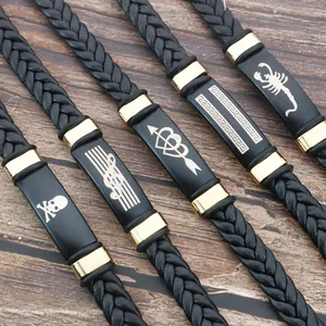 Vintage hand-woven black leather bracelet set featuring engraved metal charms for couples