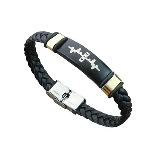 Minimalist handmade braided leather bracelet featuring heart pulse engraving on black steel.
