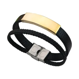 Double layer mens braided leather bracelet with engravable gold stainless steel plate