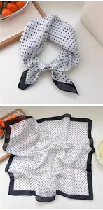 Elegant white square scarf with black polka dots and black border detail