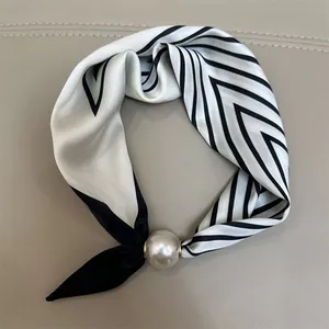 Elegant black and white striped silk square scarf featured with a large glossy pearl accessory