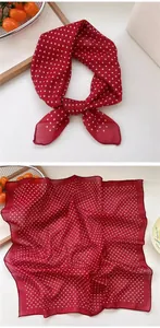 Detailed view showing red polka dot silk square scarf in both tied and flat display modes