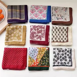 Set of 9 vintage cotton square scarves with floral and paisley patterns for hair or neck