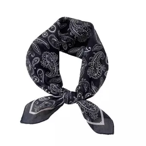 Vintage black silk square scarf with white paisley pattern for women neck styling
