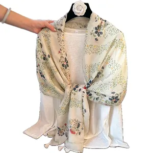 Elegant Bohemian floral sun protection shawl for women with a vintage tassel hem design