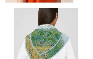 Back view detail of a silk scarf featuring Van Gogh oil painting style nature scenery