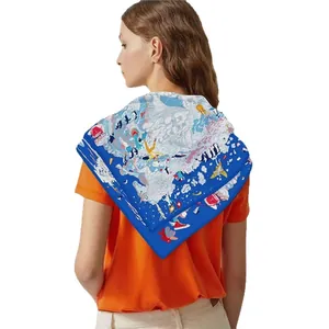 90cm vintage silk square scarf featuring an artistic blue illustration worn by a model