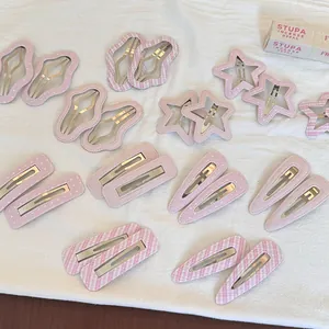 Douce Nuage Étoile Carré Goutte D'eau Pinces À Cheveux Mélange De Coton Tissu Métal BB Snap Clips Motif À Carreaux Rose Épingles À Cheveux Femmes