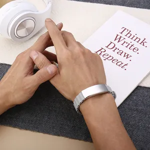 Stylish grey silicone ocean sport bracelet with customizable stainless steel plate for men.