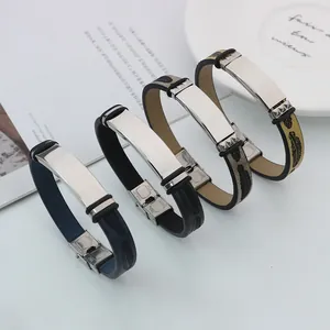 Mode Poliert Edelstahl Armband Lederband Blatt Muster Blank Metallplatte Geometrische Manschette Armband Für Herren Damen Paar Schmuck