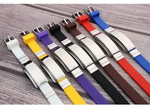 Assorted colors of adjustable silicone sports wristbands with blank steel ID plates