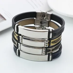 Modische Edelstahl ID-Lederarmbänder mit Blattmustern für Damen und Herren geeignet
