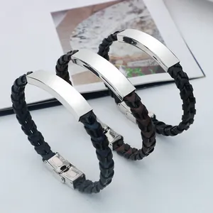 Edelstahl Geflochtenes Lederarmband Minimalistisch Blanko ID Bar Polierte Platte Gedrehtes Armband Für Damen Herren Schmuck
