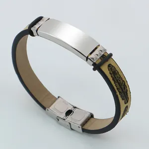 Modisches Armband aus Edelstahl und Leder mit Federblattmuster für Damen und Herren