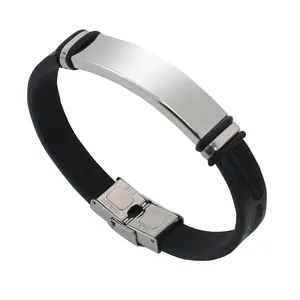 Elegantes Armband aus Edelstahl und schwarzem Leder mit Blattmuster und Gravurplatte