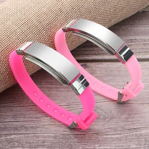 Adjustable pink silicone sports bracelet with blank stainless steel ID plate for DIY engraving