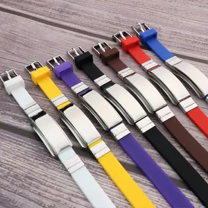 Adjustable colorful silicone sport bracelets with blank stainless steel identification plates