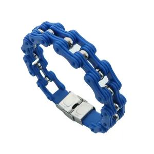 Rugged blue 14mm bicycle chain bracelet for men with silver stainless steel beads