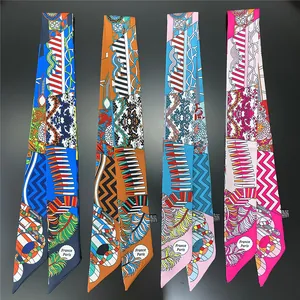 Collection of four colorful twill silk ribbons featuring diverse geometric and floral patterns.