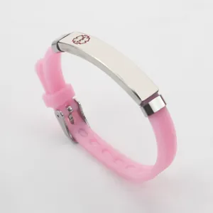 Rosa Silikon-Notfallarmband für Kinder mit Edelstahlplatte und medizinischem Symbol