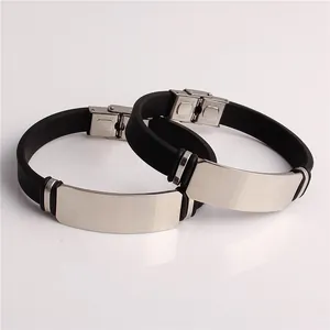 Minimalist black silicone and stainless steel couple bracelets with engravable metal plates