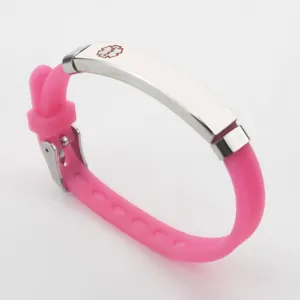 Verstellbares rosa medizinisches Silikonarmband für Kinder mit Edelstahl-ID-Schild