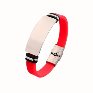 Durable red silicone bracelet with stainless steel ID plate for men and women