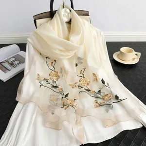 Elegant cream silk-wool scarf with gold rose embroidery and beaded details