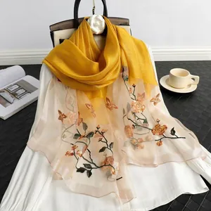 Women Silk Wool Scarf Vintage Floral Embroidery Beaded Long Shawl Soft Lightweight Elegant Scarf For Ladies