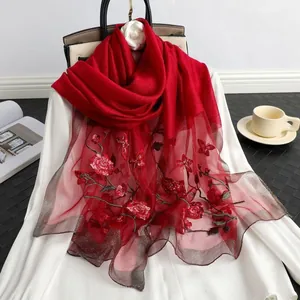 Premium red silk wool scarf with elegant rose embroidery and beaded details