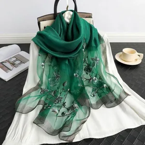 Green embroidered silk wool scarf with vintage rose patterns and beads