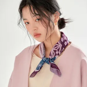Elegant French style purple printed cotton square scarf for women on plain background