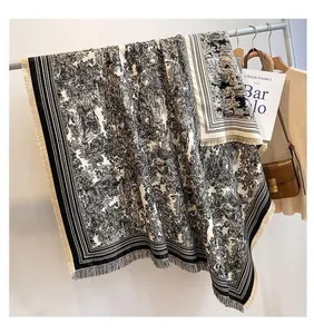 Detailed view of the black and white Toile de Jouy forest print on a large square scarf