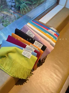 Pile of colorful soft cashmere-like solid scarves with fringes in various shades.