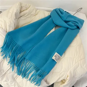 Close-up of a vibrant blue pashmina-style scarf featuring tassel fringe and woven label detail